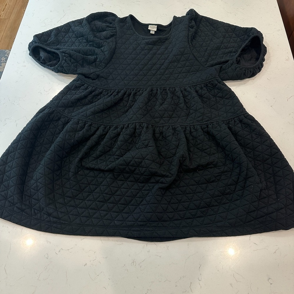 A New Day Dress Womens Large Black Quilted Tiered Puff Sleeve Babydoll Stretch